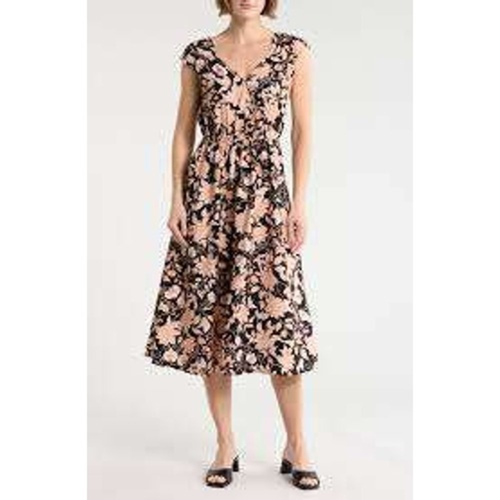 LUCKY BRAND WOMEN'S FLORAL PRINT CAP SLEEVE DRESS RAYON MIDI M black pink Boho